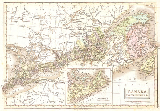 1851, Black Map of Eastern Canada, Ontario, New Brunswick
