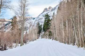 Scenic winter path along June Lake Loop in California