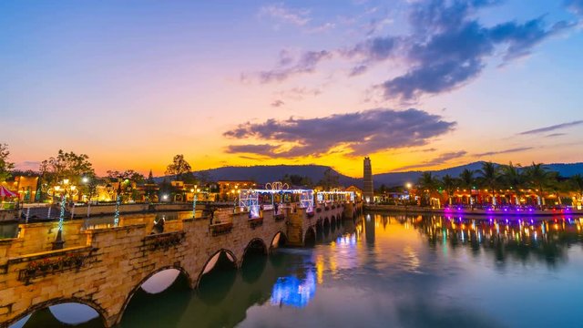 day to night time lapse of The Verona at Tublan, shopping mall Italy style in Prachin Buri, Thailand