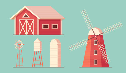 Agriculture. Farm building. Drinking water tower. Windmill waterpump and silo srorage barn for corn and harvest. © Ilya_kovshik