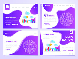 Immigration concept: immigrants moving to the big city. Web page templates with gradient flat icons. Modern vector illustration for migratory social issues.