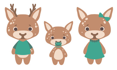 Cute Cartoon style deer family with father, mother and baby vector illustration