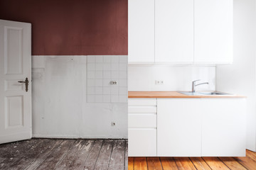 renovation concept - kitchen room before and after refurbishment or restoration 