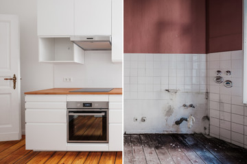 built-in kitchen before and after restoration  -  renovation concept