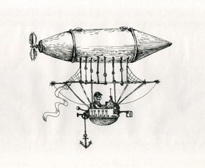 Airship vintage cartoon style ink drawing.