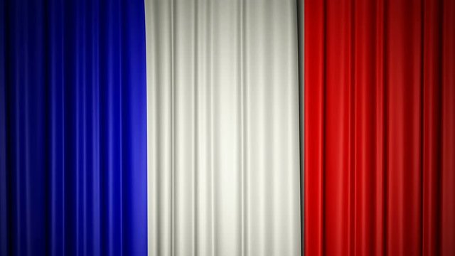 France flag. 3d animation of opening and closing curtains with flag. 4k animation with chroma key