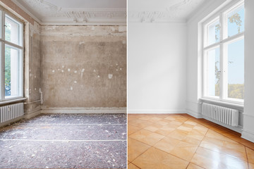 flat renovation, empty room before and after refurbishment old and new interior   -