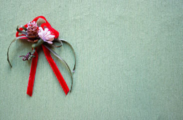 Flowers bouquet composition on green background. Flat lay, top view, copy space.