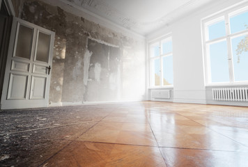 home renovation, empty room before and after refurbishment 