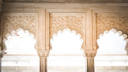 Islamic - Indian white marble columns and arches decorations inside palaces during Mughal empire....