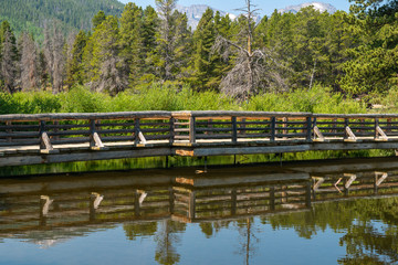 View of bridge from Sprague Lake Trail in Rocky Mountain National Park, Colorado