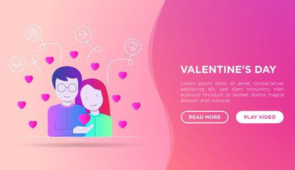 Valentine's day web page template: couple in love and hearts around. Modern vector illustration in gradient flat style.