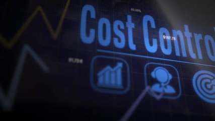 Cost Control business concept on a flashing computer monitor with moving graphs and data.