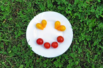   Smiling smiley made of orange and red fresh tomatoes on a round white plate in the grass.