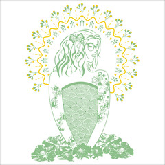 Pretty girl with flowers behind. Nature floral illustration of beauty woman.