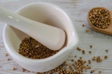 Coriander seeds in porcelain mortar
