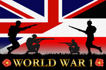 flags on a World War 1 banner. War scene with circa 1915 soldier uniform silhouettes. Original digital illustration.