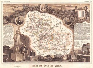 1852, Levasseur Map of the Department de Loir-et-Cher, France, Loire Valley Wine Region