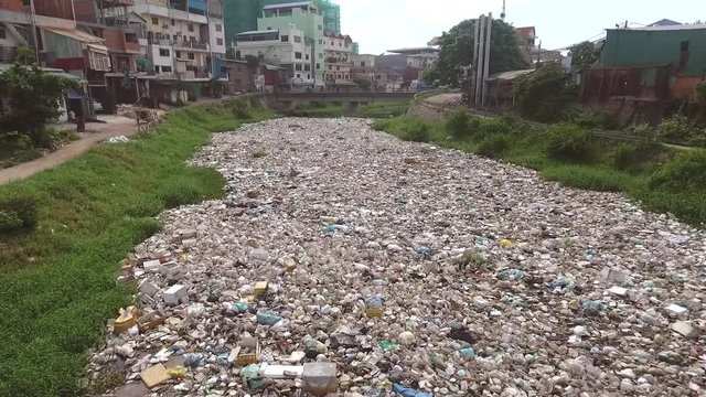Aerial view of an extremely polluted river, Cambodia.