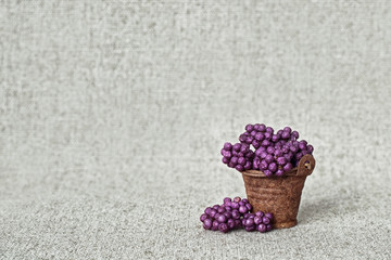 Lethargic berries in a rusty bucket on the background of the canvas - still life in rustic style