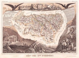 1852, Levasseur Map of the Department Des Basses Pyrenees, France, Jurancon Wine Region