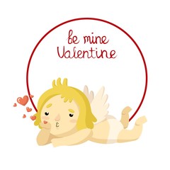 Cute cartoon Cupid with hearts in frame