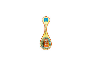 ceramic souvenir toy in form of spoon with color painting on isolated white background reflecting the national Russian culture with the inscription in Russian: name of the city Simbirsk Ulyanovsk