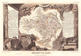 1852, Levasseur Map of the Department du Gard, France
