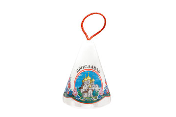 ceramic souvenir toy in the form of bell with beautiful color painting on isolated white background reflecting the national Russian culture with the inscription in Russian: city name Yaroslavl