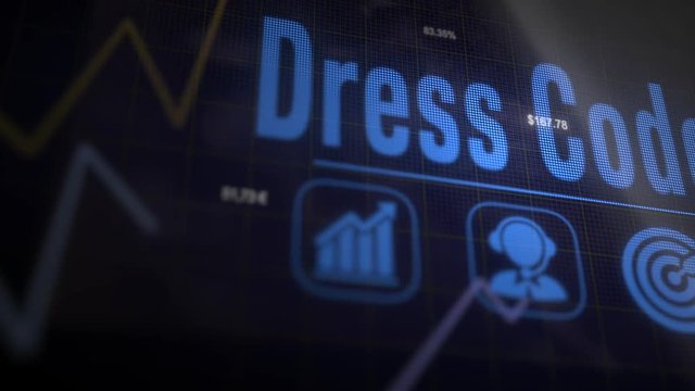 Dress Code business concept on a flashing computer monitor with moving graphs and data.