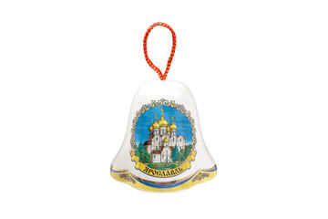 ceramic souvenir toy in the form of bell with beautiful color painting on isolated white background reflecting the national Russian culture with the inscription in Russian: city name Yaroslavl