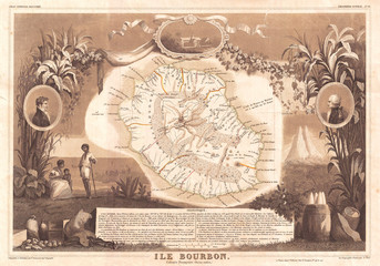 1852, Levasseur Map of the Reunion or the Ile. Bourbon, Indian Ocean - obrazy, fototapety, plakaty