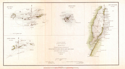 1852, U.S. Coast Survey Map of Key West, Biscayne Bay, and the Cedar Keys - obrazy, fototapety, plakaty