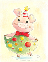 Watercolor Christmas pig
