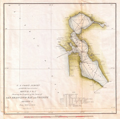1853, U.S. Coast Survey Map of San Francisco Bay, California