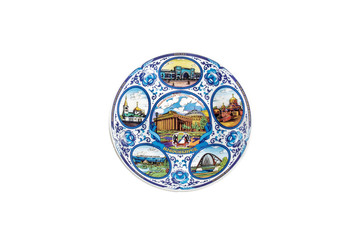 ceramic souvenir toy in form of plate with painting on isolated white background reflecting national Russian culture with the inscription in Russian: Academic Opera and ballet theatre of Novosibirsk