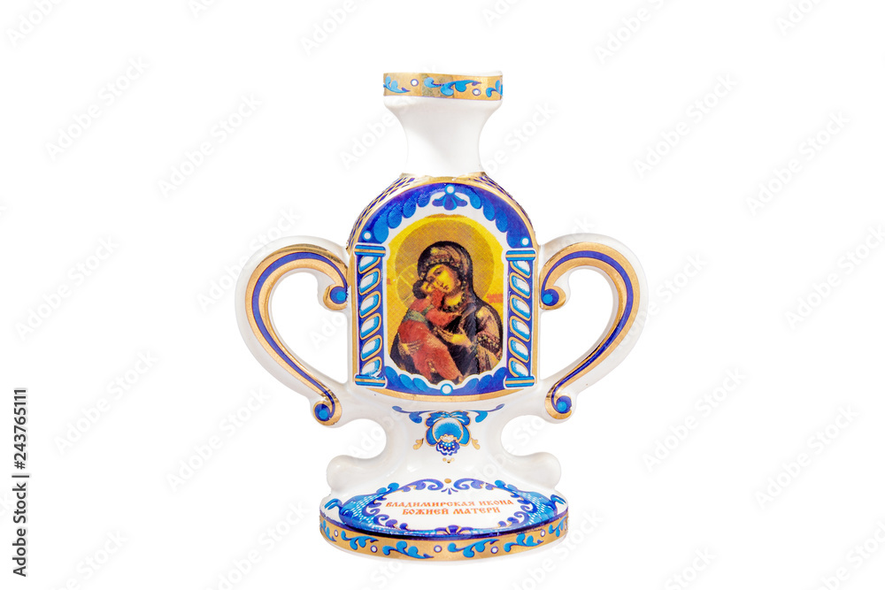 Wall mural ceramic souvenir toy in the form of jug with color painting on isolated white background reflecting the national Russian culture with the inscription in Russian: Vladimir Icon Of The Mother Of God