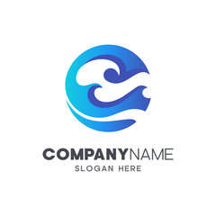 blue wave in circle shape logo design template