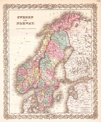 1855, Colton Map of Scandinavia, Norway, Sweden, Finland