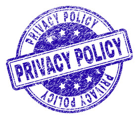 PRIVACY POLICY stamp seal imprint with distress texture. Designed with rounded rectangles and circles. Blue vector rubber print of PRIVACY POLICY tag with dust texture.