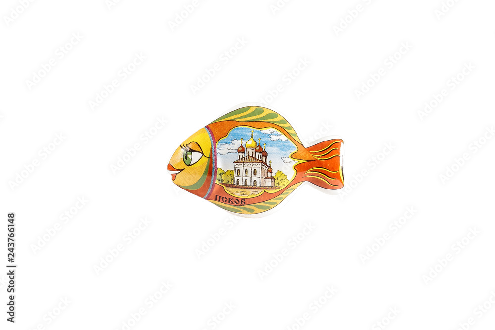 Wall mural ceramic souvenir toy in the form of emblem with color painting on isolated white background reflecting the national Russian culture with the inscription in Russian: the name of the city of Pskov