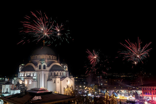 Belgrade, Serbia - January 14, 2019: Orthodox New years eve celebration with fireworks over the Church of Saint Sava at midnight in Belgrade, Serbia
