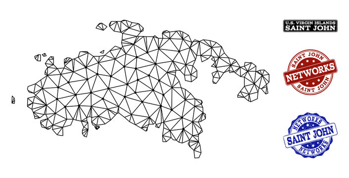 Black Mesh Vector Map Of Saint John Island Isolated On A White Background And Rubber Stamp Seals For Networks. Abstract Lines, Dots And Triangles Forms Map Of Saint John Island.