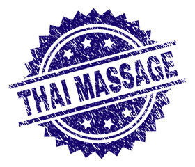 THAI MASSAGE stamp seal watermark with distress style. Blue vector rubber print of THAI MASSAGE label with unclean texture.