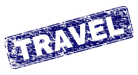 TRAVEL stamp seal print with grunge texture. Seal shape is a rounded rectangle with frame. Blue vector rubber print of TRAVEL title with corroded texture.