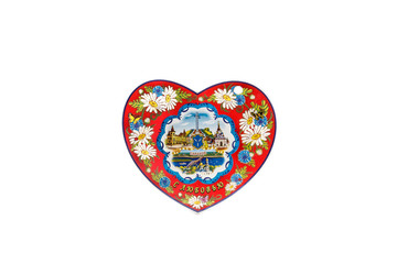 ceramic souvenir toy in the form of heart with beautiful color painting on isolated white background reflecting the national Russian culture with the inscription in Russian: With love