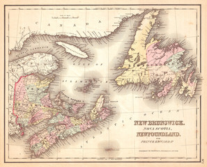 1857, Colton Map of New Brunswick and Newfoundland, Canada