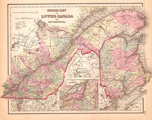 Fototapeta na wymiar 1857, Colton Map of Quebec and New Brunswick, Canada