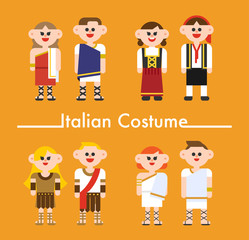 Cute characters dressed in traditional costumes in various layers of ancient Rome Italy. flat design vector graphic style concept illustration.
