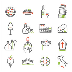 Symbols of Italy line icon set. Icon set that symbolizes Italy. line style flat design vector graphic illustration.